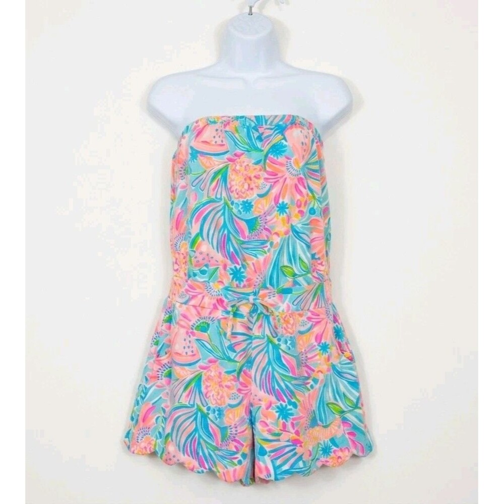 Lilly Pulitzer Jace Strapless Romper S Scalloped Hem Floral Pockets Beach Pool